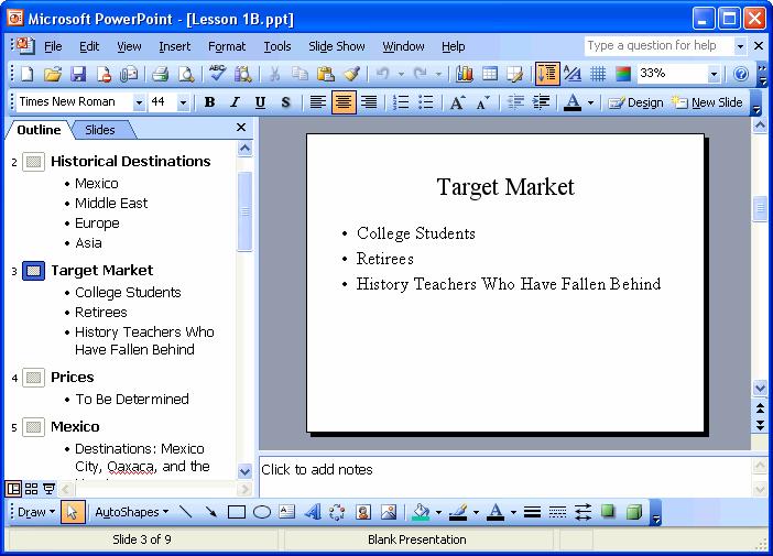 30 Microsoft PowerPoint 2003 Click the slide you want to view on either the Outline tab or Slides tab. Scroll Up Button Click to scroll up.