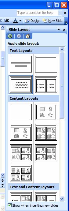44 Microsoft PowerPoint 2003 1. Click the New Slide button on the Formatting toolbar. Click to add title Click to add text 2. Select the layout you want to use for your new slide.