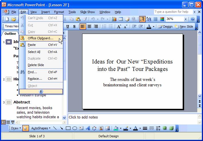 Figure 2-24 The Office 2003 Clipboard task pane. To display the Clipboard: Select Edit Office Clipboard from the menu. Figure 2-23 Click the item you want to paste from the Clipboard task pane.