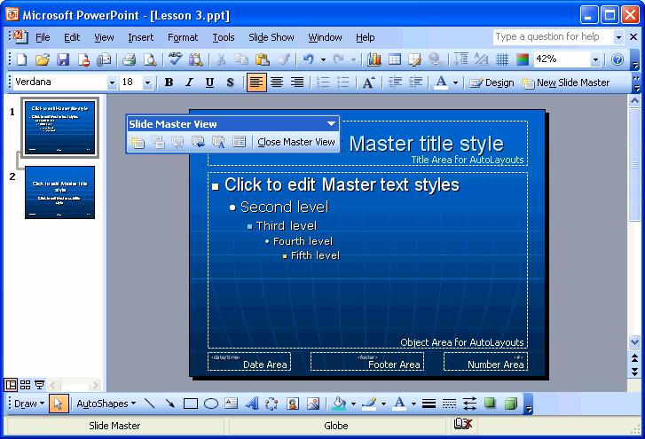 84 Microsoft PowerPoint 2003 Move the Pointer over a Template, Click the Arrow and select One of the Following: Apply to All Slides: Applies the selected template to every slide in the presentation.