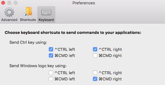 Keyboard On the Keyboard tab page, you can choose keyboard shortcuts to send Windows-specific commands to remote applications or desktops: Send Ctrl key using: Select one or more options to send the