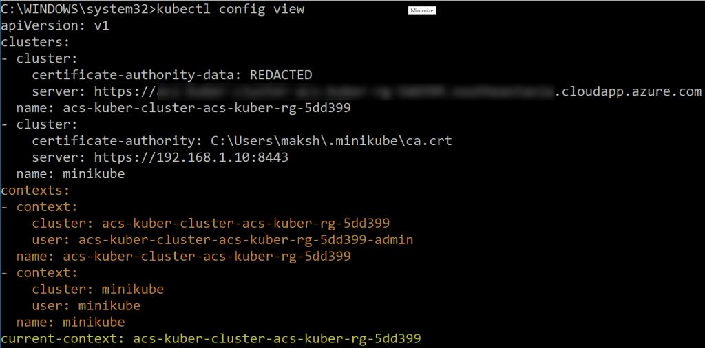 Figure 15. See the available contexts. The kubectl config view command lists clusters, configs, and shows the current config.