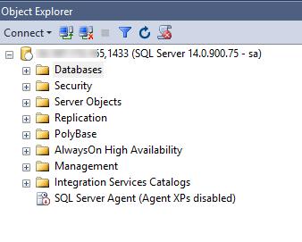 Use that IP address and the SA password to connect from SQL Server Management Studio as shown in Figure 26. Figure 26. Connecting from SQL Server Management Studio.