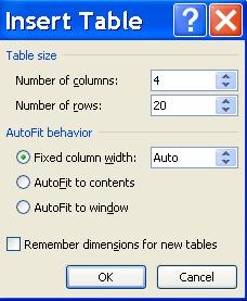 Enter the numbers of column and row. Click OK when done. Enter your groups of information in each cell and in the sequence that they should be read.