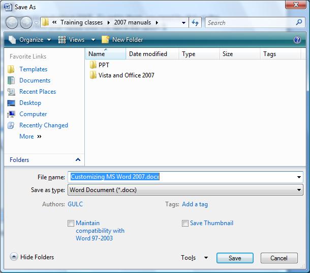 Choose the desired option and the Save As dialog will appear, with the appropriate file type listed in the Save As