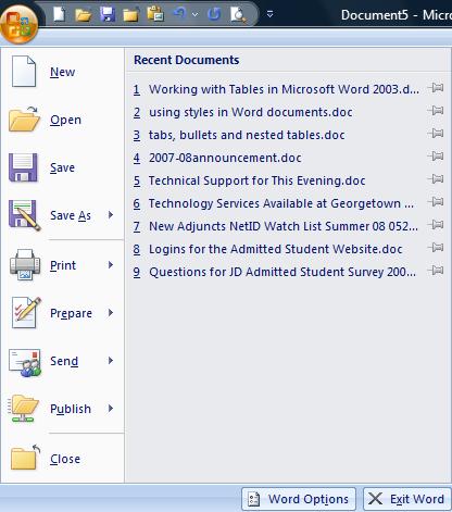 The Microsoft Office Button Clicking on the Microsoft Office Button displays the commands that allow you to do things to your document, such as saving,