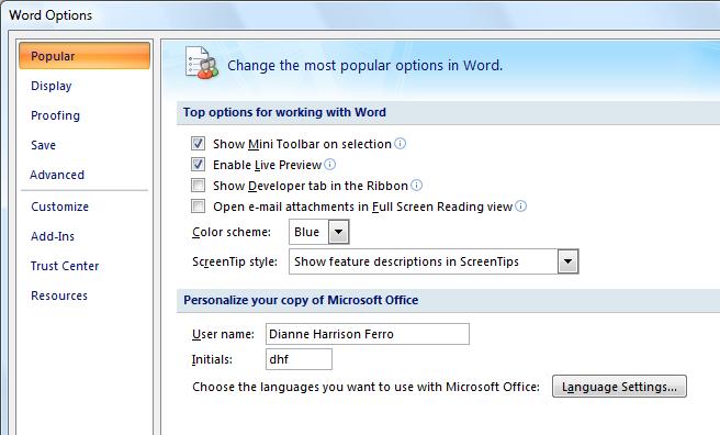 Word Options - Changing Program Settings and Preferences You can select program settings and preferences through the Word Options dialog, accessible through the Microsoft Office Button.
