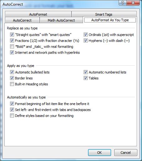 Autocorrect Options within the Proofing Category AutoCorrect options control Word s