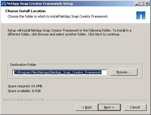 6 In the Install Location window, select a path to install Snap Creator Framework on the local Windows server.