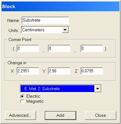 Example: A Patch Antenna 4 The Block dialog box is displayed as shown in Figure 87. Figure 87 The Block Dialog Box 2 Name the object Substrate. 3 Set the Units to Centimeters.