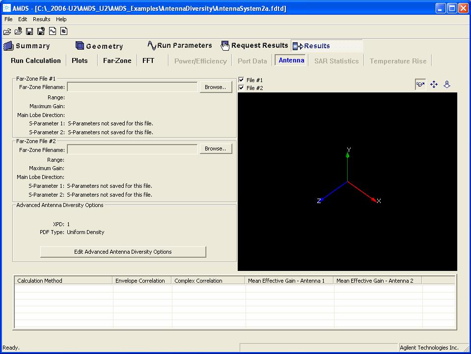 10 Example: Calculating Antenna Diversity Parameters Calculating the Antenna Diversity Parameters 1 Go to the Results > Antenna tab. 2 Click the Browse.