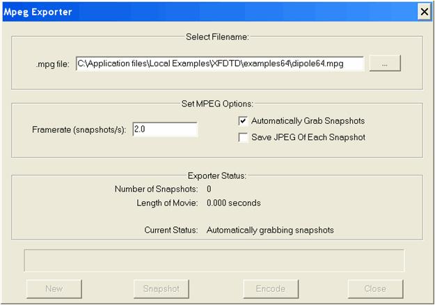 Example: A Dipole Antenna 2 3 Check Automatically Grab Snapshots. This option tells the Field Controls window to inform the MPEG Exporter each time it updates the current field.