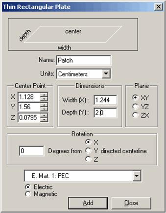 Example: A Patch Antenna 4 Figure 88 The Thin Rectangular Plate Dialog Box 4 Click the Add button to add your changes.