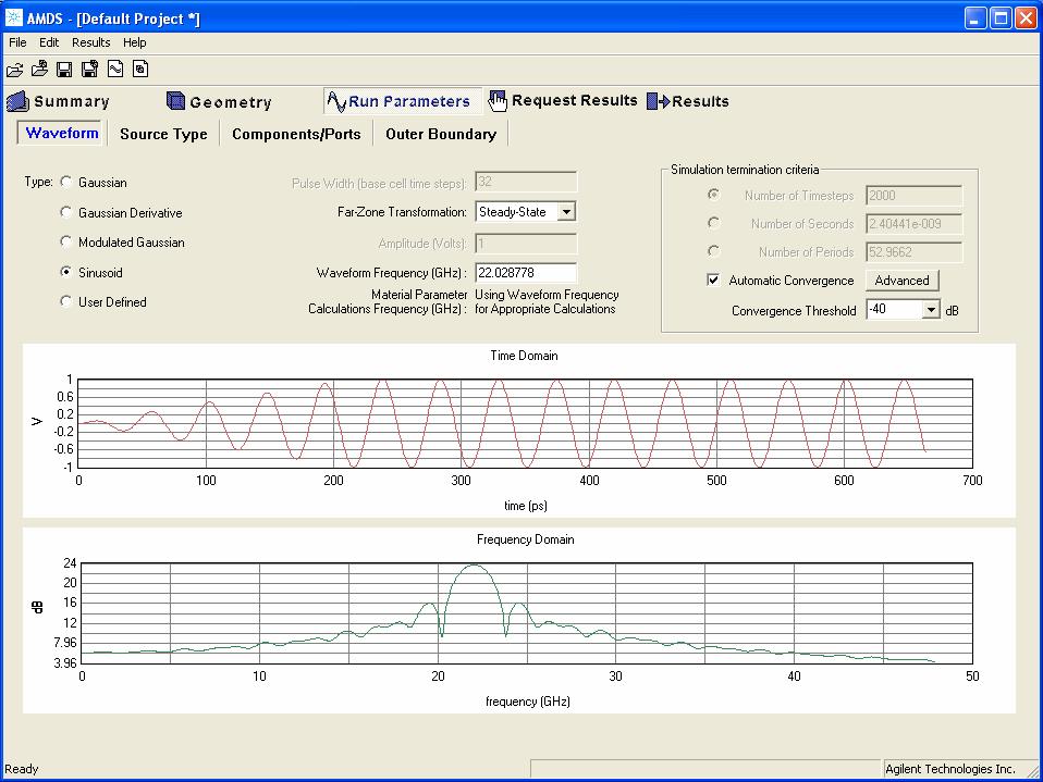 Creating a Simulation 1 Defining Run Parameters Once the mesh is defined, a stimulus or excitation is needed to drive the calculation. The waveform tab is shown below in Figure 4.