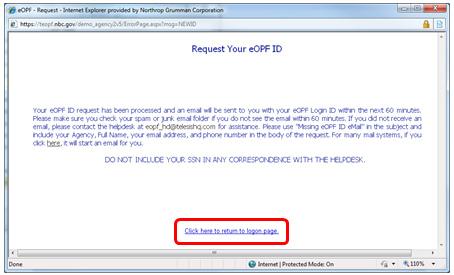 4 The Request Your eopf ID confirmation screen displays stating that your Login ID request has been submitted for processing.