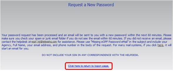 3 The Request a New Password confirmation screen displays indicating your password request has been submitted for processing.