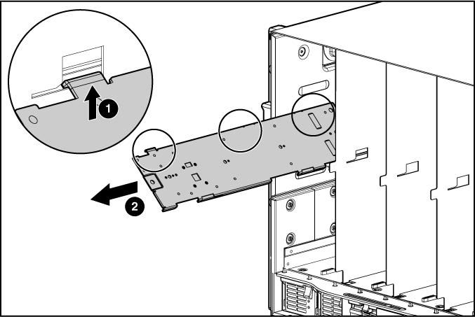 4. Push the device bay shelf back until it stops, lift the right side slightly to disengage the two tabs from the divider wall, and then rotate the right edge
