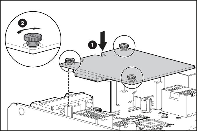 5. Install the mezzanine card. Press down above the connector to seat the board. 6. Install the access panel (on page 15). 7. Install the server blade ("Installing a server blade" on page 19). 8.