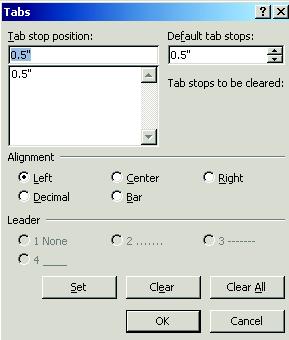 Setting Detailed Tab Stops If you want your tab stops at precise positions that you can't get by clicking the ruler, or if you want to insert a specific character (leader) before the tab, you can use
