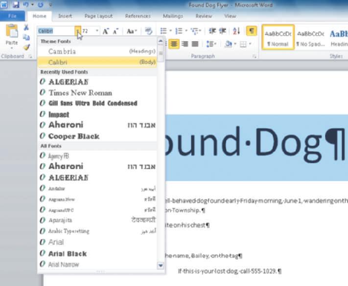 To Change the Font of Selected Text Creating, Formatting, and Editing a Word Document with Pictures Word Chapter WD 7 The default theme font for headings is Cambria and for all other text, called