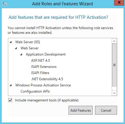 net Framework, the Add Roles and Features Wizard window is displayed, prompting