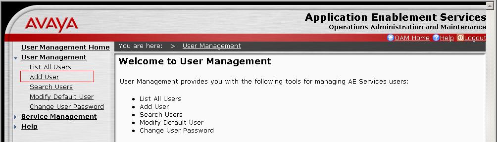 From the Welcome to User Management page, navigate to the User Management Add User page to add a CTI user.