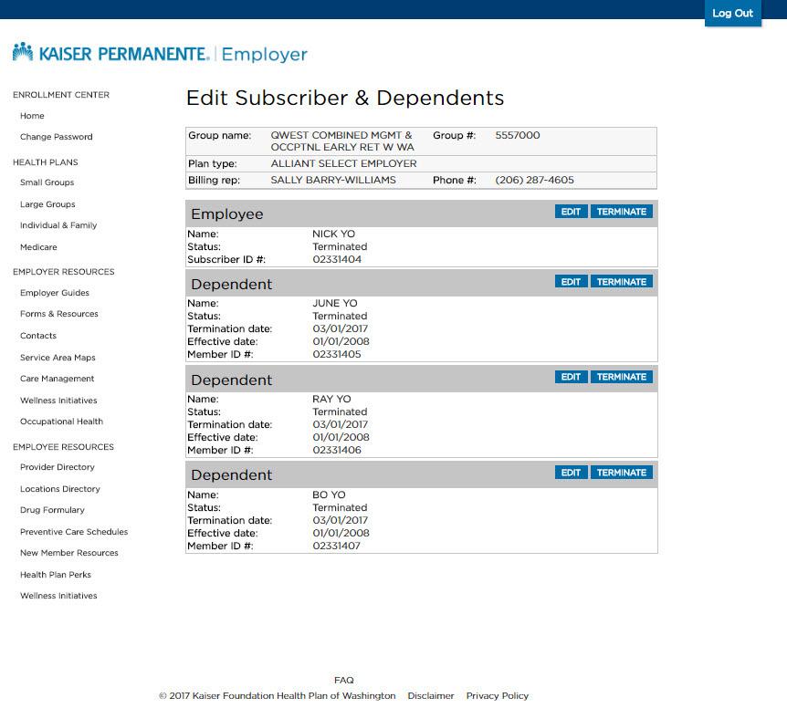 Edit subscribers and dependents You can view information about current subscribers and their dependents from this screen. To update enrollment information, select EDIT.