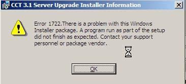 If you do unintentionally press the X (Close) button to exit during the database backup or if the Upgrade Patch can t locate the database, an Error 1721 or Error 1722 message may display as per this