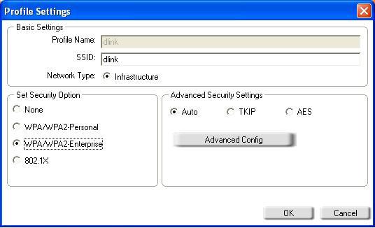 Select WPA/WPA2-Enterprise under Set Security Option and then select TKIP or AES. 3. Click on Advanced Config to continue. 4. Next to EAP Type, select EAP-TLS, EAP-TTLS, or PEAP.