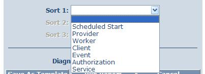 Additional filter criteria include Event (to report on a specific event), Status (Late, Missed or Completed Late), Authorization, Client, Provider, Primary Worker and Service.