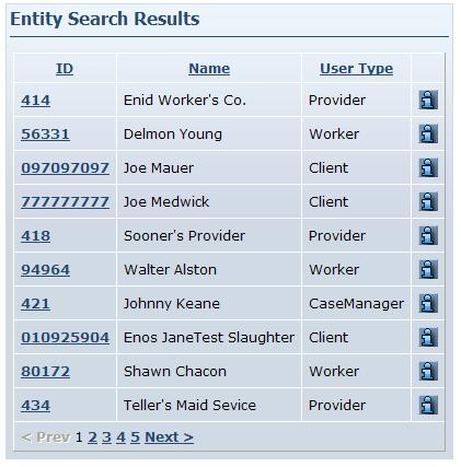 The search results display all Entities which match the search criteria entered on the Home page.