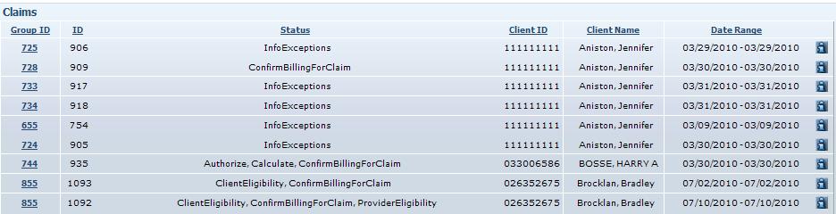 The Claims page displays with the results of the search up a maximum of 300