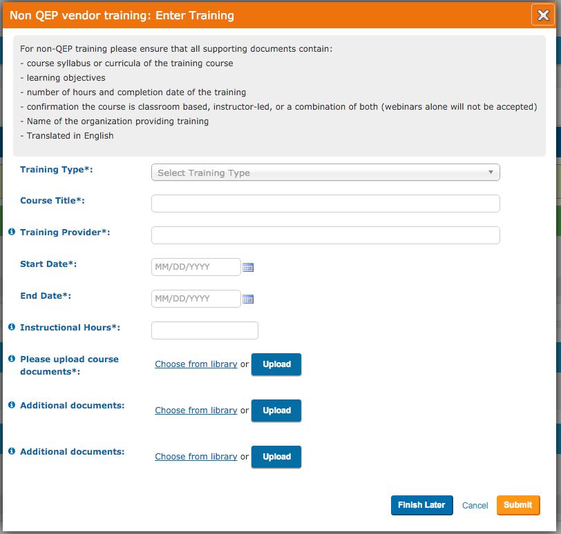 Figure 16: Section 4 of Application - Sample of Non-QEP Provider Training Entry 3.2.