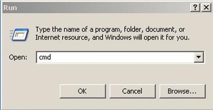 instructions. ➀ Go to the DOS command prompt by selecting Run from the Start Menu. ➁ Type in cmd in text box, and hit the OK button.