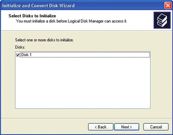 The Initialize and Convert Disk Wizard window should appear.
