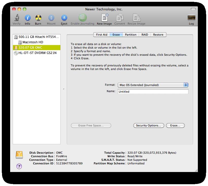 ➁ Chapter 3 - Formatting Once you ve selected the OWC device, you will notice the above change in the Disk Utility application. Click on the Erase tab in this picture.