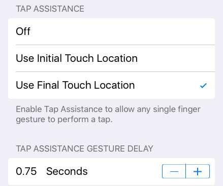 "Initial touch location" means the ipad will activate the button that is first pressed. "Final touch location" means the ipad will activate the place where you lift your finger.