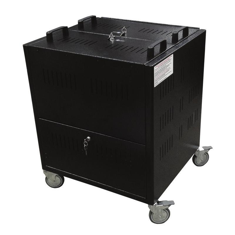 The Lapbank trolley is designed to accommodate tablets up to a maximum case size of 70mm (h) x 360mm (w) x 230mm (d). The generous shelf sizes will easily accommodate a wide range of devices.