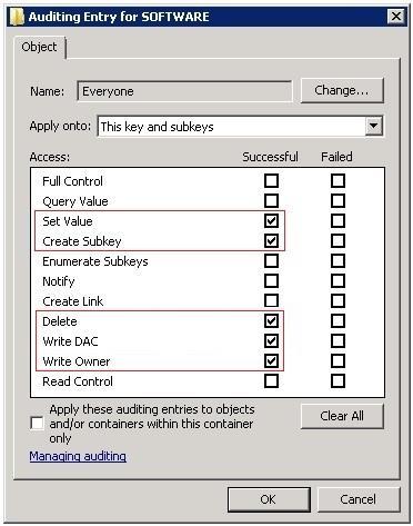 6. In the Auditing Entry for SOFTWARE dialog that opens, select Successful for the following access types: Set Value, Create Subkey, Delete, Write DAC, and Write Owner: Figure 2: Auditing Entry for
