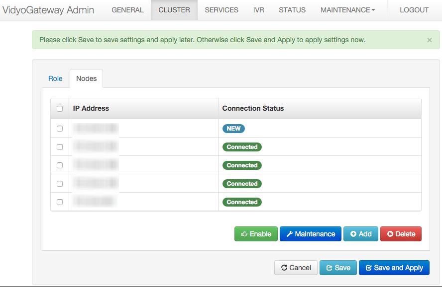 5. Configuring Your System The new Media Node IP Address is added to the Nodes page with a connection status of NEW.