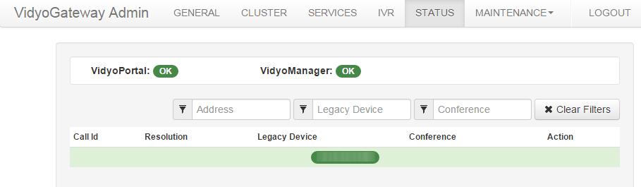 5. Configuring Your System If the VidyoGateway is processing calls, the main area of the screen is populated with call information such as Call ID, Resolution, Legacy Device, and Conference.