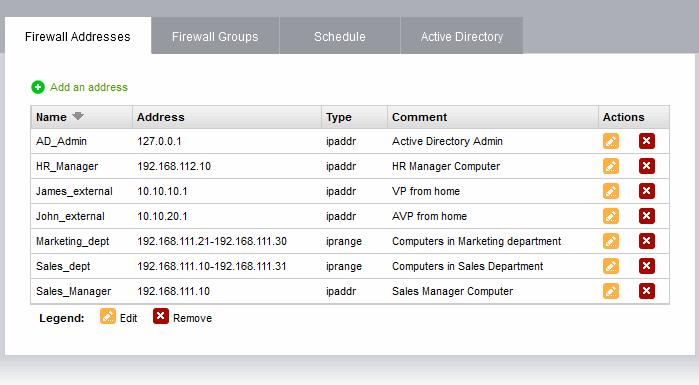 The 'Firewall Addresses' interface displays a list of firewall address objects added to Comodo Korugan and allows the administrator to create new objects.