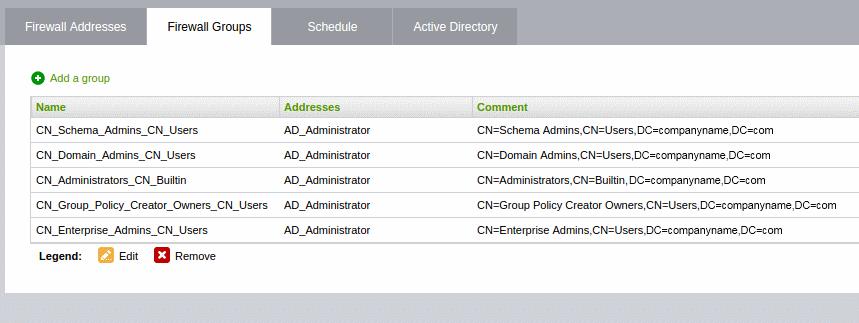 Click the Domain name to expand the tree structure of the active directory. Locate the user group by expanding the parents. Click 'Add Group' to add the user group to Firewall Object Groups. 9.