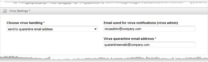 The options available are: Move to default quarantine location - The infected emails will be diverted to the the spam admin, whose email address is specified in the 'Email used for spam