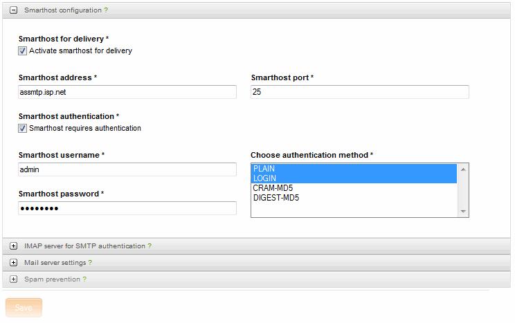 Smarthost for delivery Activate smarthost for delivery - Select this check box to enable using a smart host for mail delivery. The following parameters can be configured on activating the smart host.