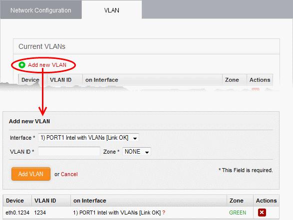 VLAN ID The identification number of the VLAN On Interface The physical interface to which the VLAN is associated Zone Indicates the network zone to which the VLAN interface is associated Green -