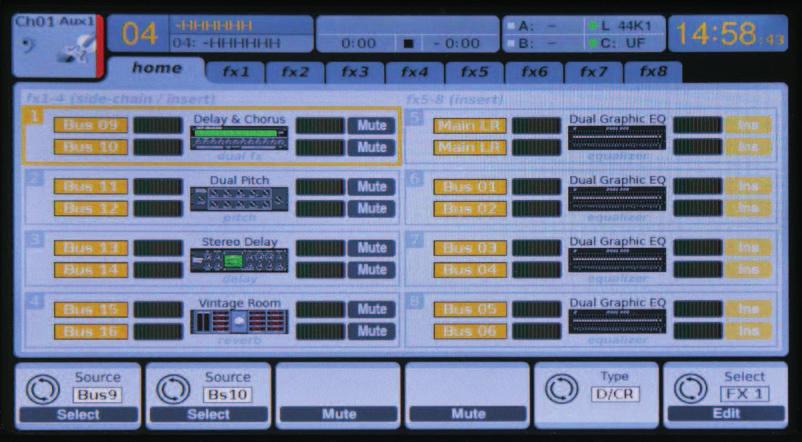 FX Rack 1. Press the EFFECTS button near the screen to see an overview of the 8 stereo FX processors. Keep in mind that FX slots 1-4 are for Send type FX and slots 5-8 are for Insert type FX. 2.