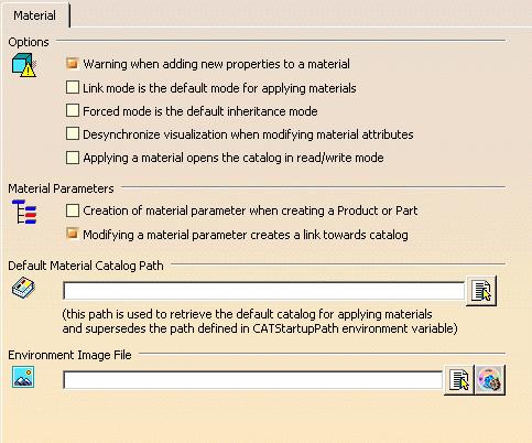 Material Library Page 282 This tasks explains how to define material general settings using the Tools -> Options... menu item. 1. Select the Tools -> Options... command. 2. Click the Infrastructure category then select the Material Library subcategory to display the Material tab: 3.
