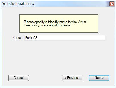 8 The Partner Integration Portal installs a directory on the specified web site. You use this window to name the directory.