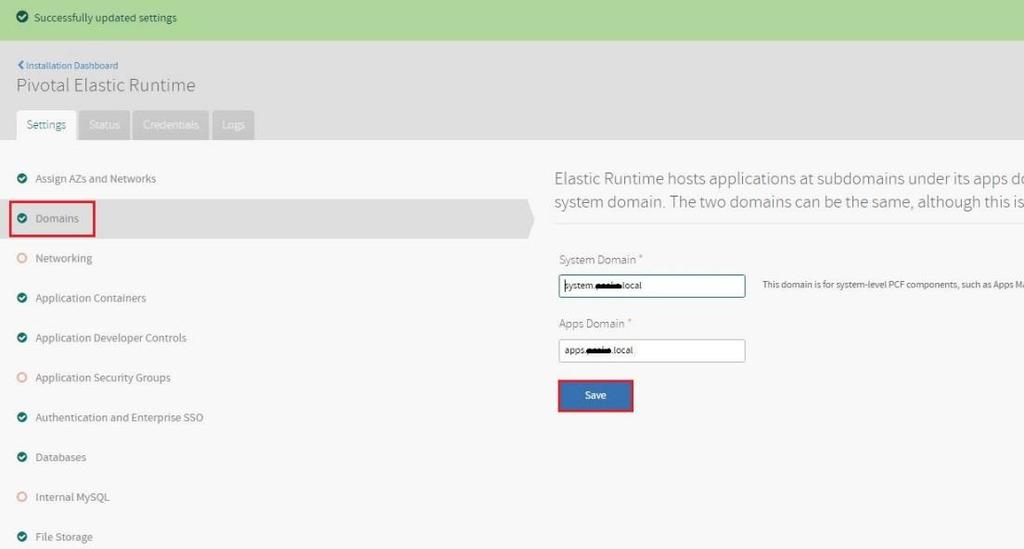 Replace the placeholders for your domain and top level domain. b. The Apps Domain defines where Elastic Runtime should serve your apps.